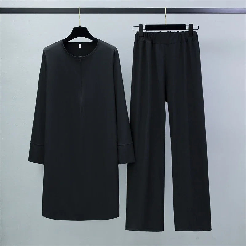 Women Muslim Sets Two Pieces Suits Casual Long Chiffon Shirts Pullover Tops and Straight Pants Loose Trousers Women Sets