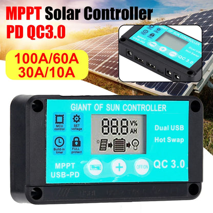 10A MPPT Solar Charge Controller 12V/24V Multiple Protection Solar Panel Regulator LCD Display Fast Charging 3.0 Battery Charger