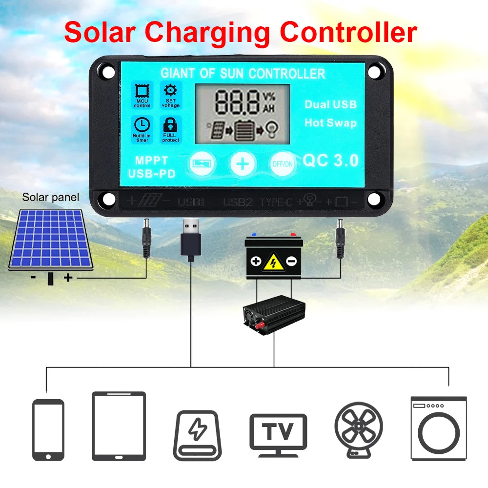 MPPT Solar Charge Controller 10A 12V/24V Multiple Protection Solar Panel Regulator LCD Display Fast Charging 3.0 Battery Charger