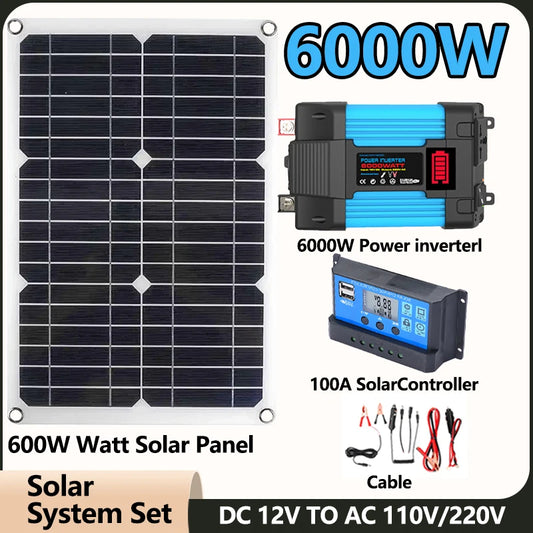 600W Solar Panel 6000W Inverter 12V To 110V/220V Solar Power Generation System Home Outdoor Car Mobile Phone Solar Charging