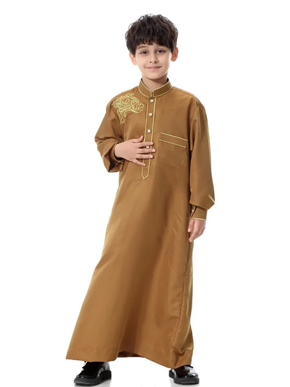 Ramadan Muslim Children Solid Robe Luxury Embroidery Islamic Arab Boys Abaya Singel-Breasted Long Sleeve Dress Dubai Jubba Thobe