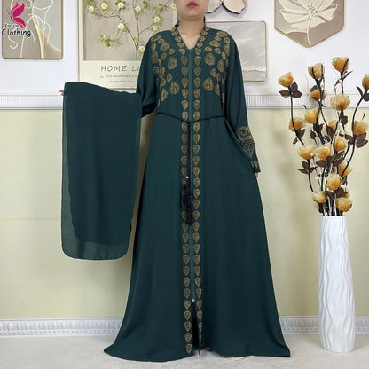 New Muslim Abayas For Women Long Sleeved Dress Dubai Lady Elegant Long Dress Islam Clothing African Abaya Loose Robe With Turban