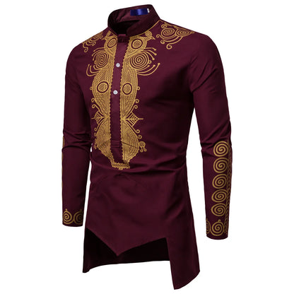 2023 Muslim Men shirts Luxury Casual Islamic Arabic Abaya Robe Fashion Ethnic Print Stand Collar Youth Mid-length Cosplay Cos