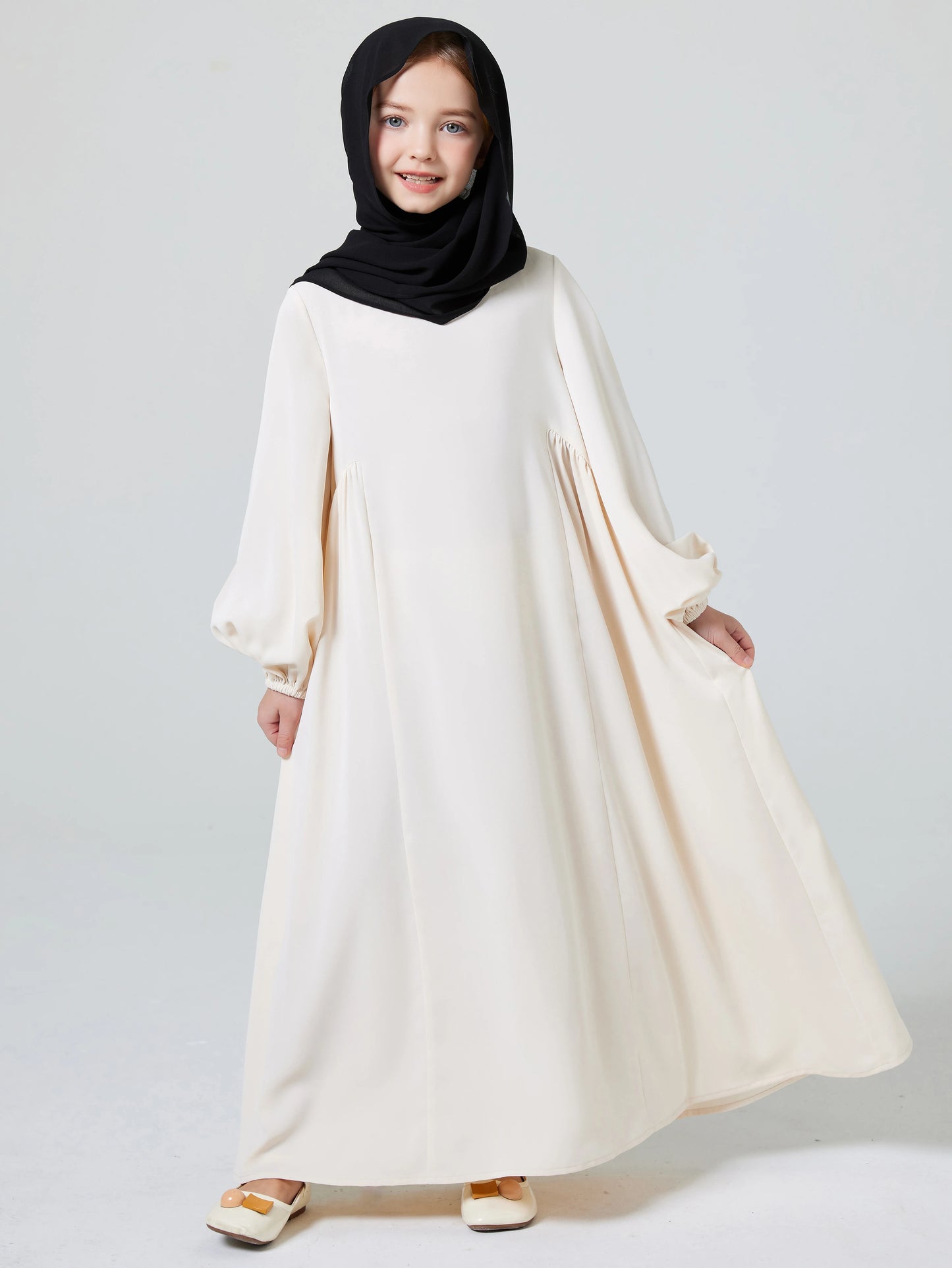 Ramadan Girl Abaya Muslim Elegant Solid Crew Neck Long Sleeve Kaftan Kids Dress For Pray Party