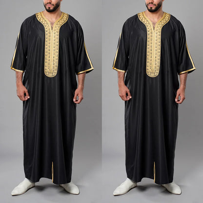 Islam Men Clothing Kaftan Muslim Fashion Robe Embroidered Loose and Breathable Djellaba Abaya Man Jubba Thobe Muslim Dress Eid