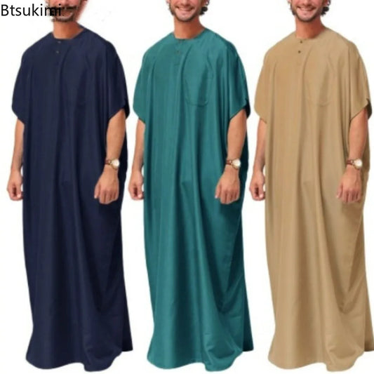 New 2025 Men Islamic Arabic Kaftan Vintage Solid Short Sleeve Loose Retro Robes Abaya Dubai Middle East Muslim Clothing S-5XL