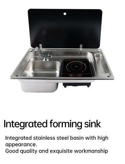 RV Stainless Steel Sink and Induction Cooker Combination Unit with Tempered Glass Lid for RV Caravan Motorhome Yacht