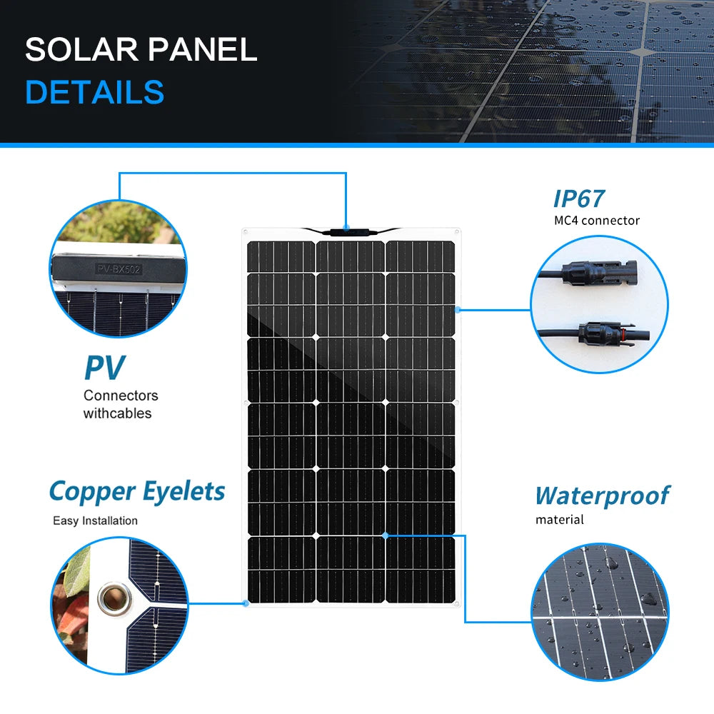 WUZECK Flexible Solar Panel 500W 400W 300w 200W 100W Mono Solar pate 18V Photovoltaic Module off grid Power for RVs Boat Caravan