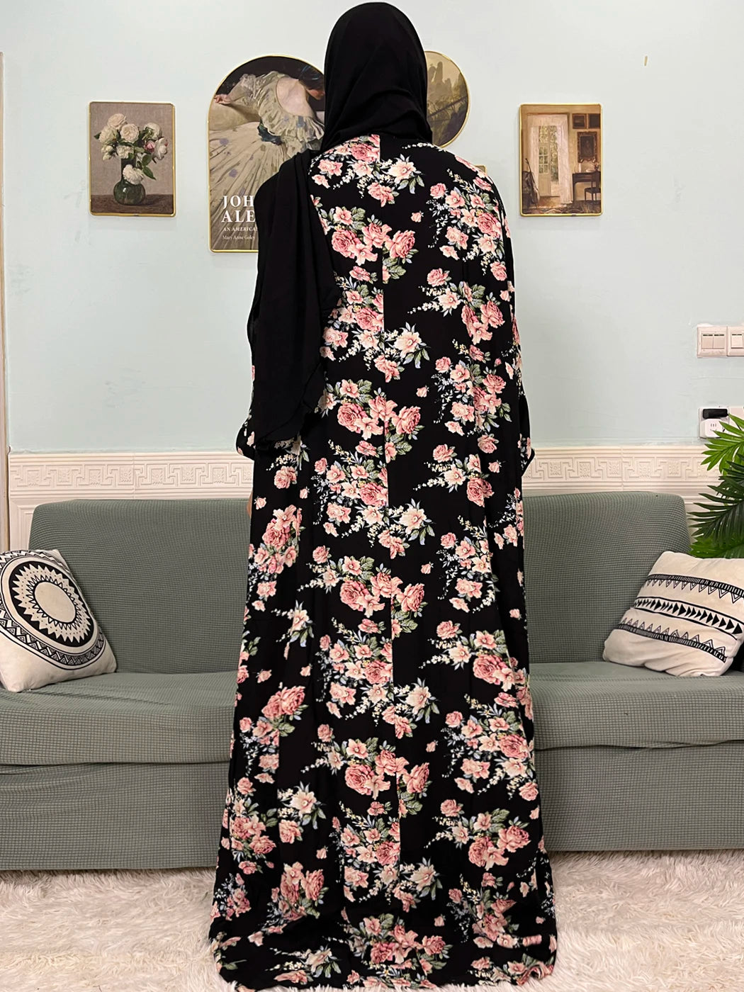 Muslim Traditional Ramadan Abayas For Women's Prayer Garment Cotton Printed Floral Boubou Loose Femme Robe Connected Headscarf