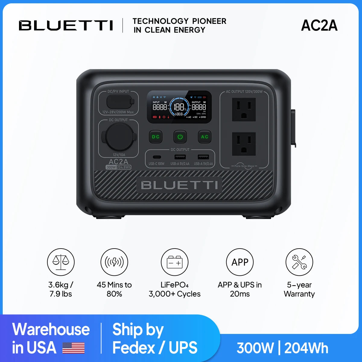 [US Plug] BLUETTI AC2A 300W 204Wh Portable Power Station LiFePO4 Battery Backup Solar Generator 3,000+ Cycle App Camping RV Life