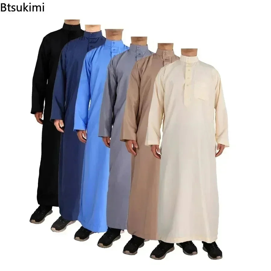 New 2025 Muslim Middle East Men Long Sleeve Arab Crew Neck Islamic Solid Color Kaftan Maxi Dubai Long Jubba Thobe Abaya Clothes