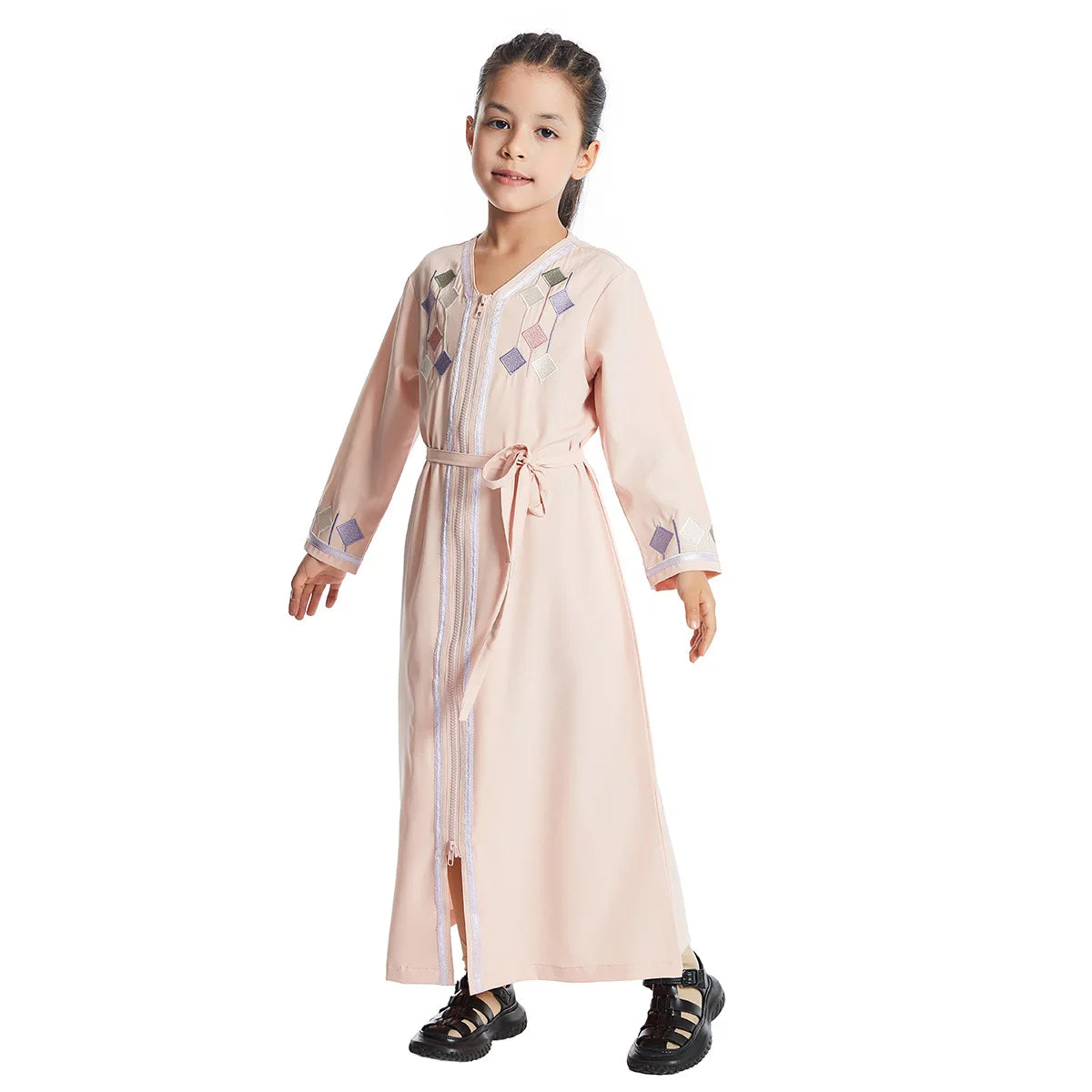 Moroccan Eid Muslim Kids Abaya Girls Embroidery Zipper Long Sleeve Maxi Dress Arabic Kaftan Robes Islamic Party Prayer Clothing