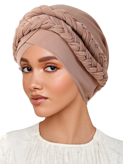 Trendy Braid Muslim Turban Cap Solid Color Women Hijabs Islamic Chemo Cap Head Scarf Ladies Head Wrap Cover Hijab Scarf