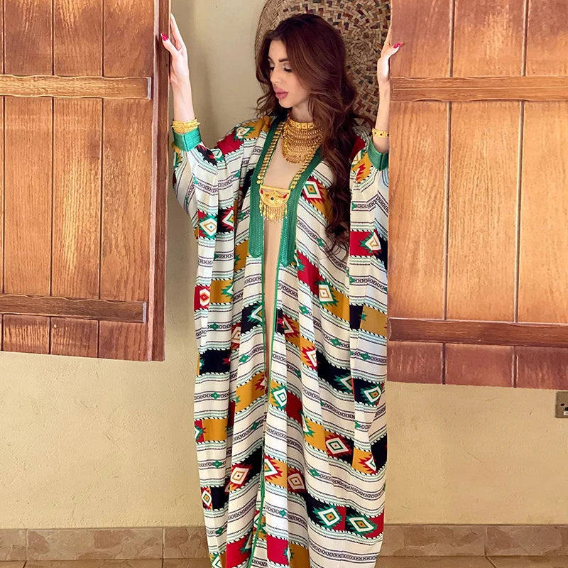 2024 New Stock Muslim Solid Color Tank Top Tower Stripe Bat Sleeve Coat Two Piece Arabic Panel Print Long Dress