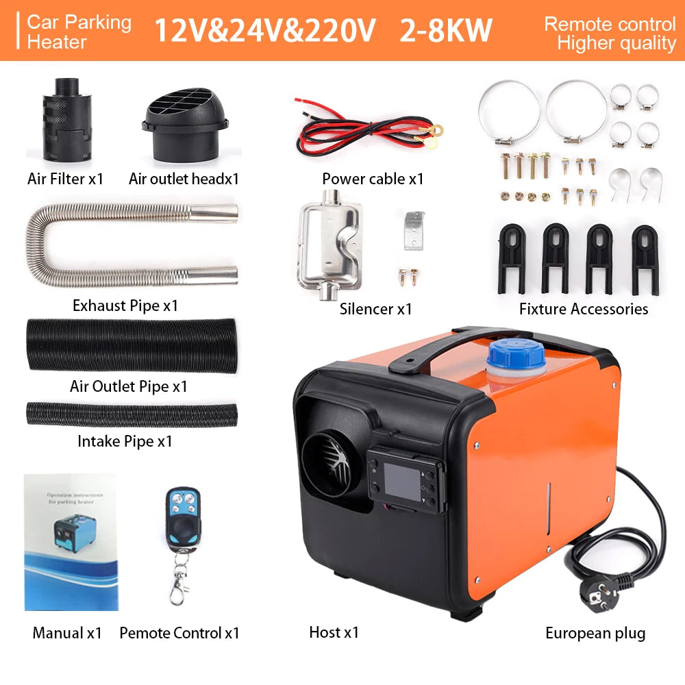 12V/24V/220V Diesel Air Heater All in One Car Heater with Silencer Remote Control for Car Truck Boat RV Parking Diesel Heater