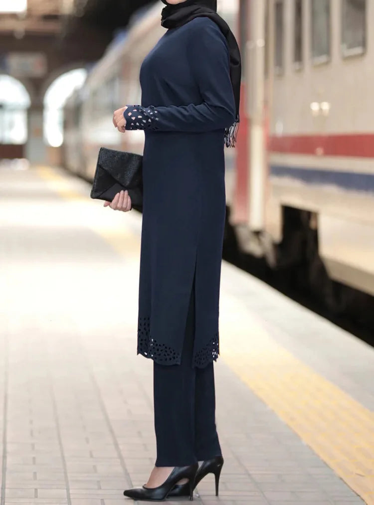 2024 Women Muslim Abaya Sets Fashion Hollow Out Long Sleeve Dreess and Pants Two Pieces Women Islamic Clothing Arab Dubai Kaftan