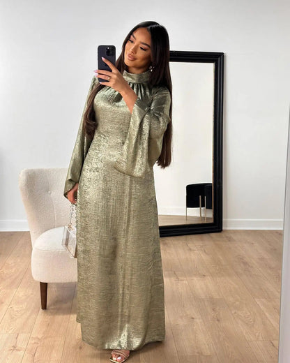 2024 New Elegant Fashion Dress EID Modest Muslim Dress Long Sleeve Shiny Polyester Islamic Clothing Dubai Abaya Dress Party Robe