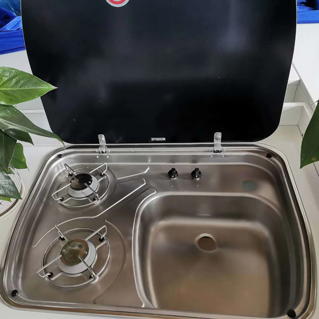 Motorhome Sink And Cooktop Stove Hob Combo With Tempered Glass Lid Built-in 2 Burner For Caravan Camper Boat Yacht