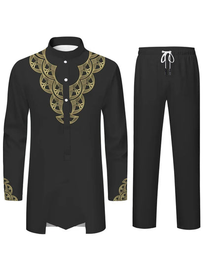 Middle East Islamic Mens Suit Suit Muslim Suit Personalized 3D Printed Pattern Arab Traditional Dress Loose Breathable Two Piece