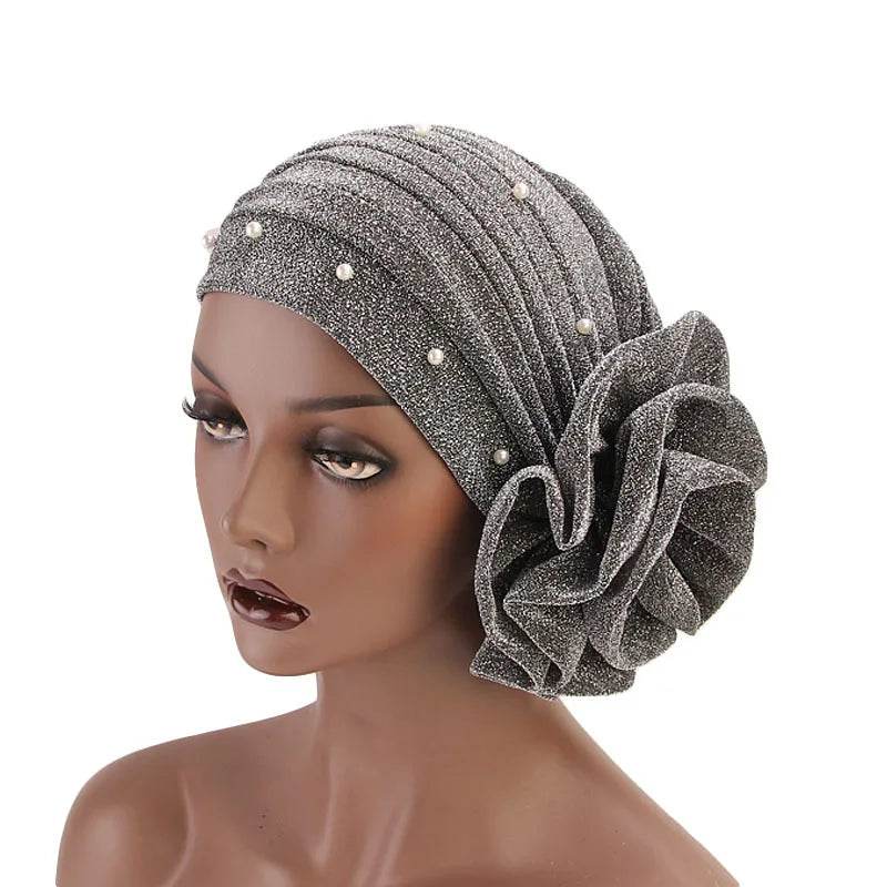 Summer Beading Flower Women's Turban Caps Stretchy Female Headwrap Bonnet Cancer Headwear Muslim Turban Hijabs Islamic Headscarf