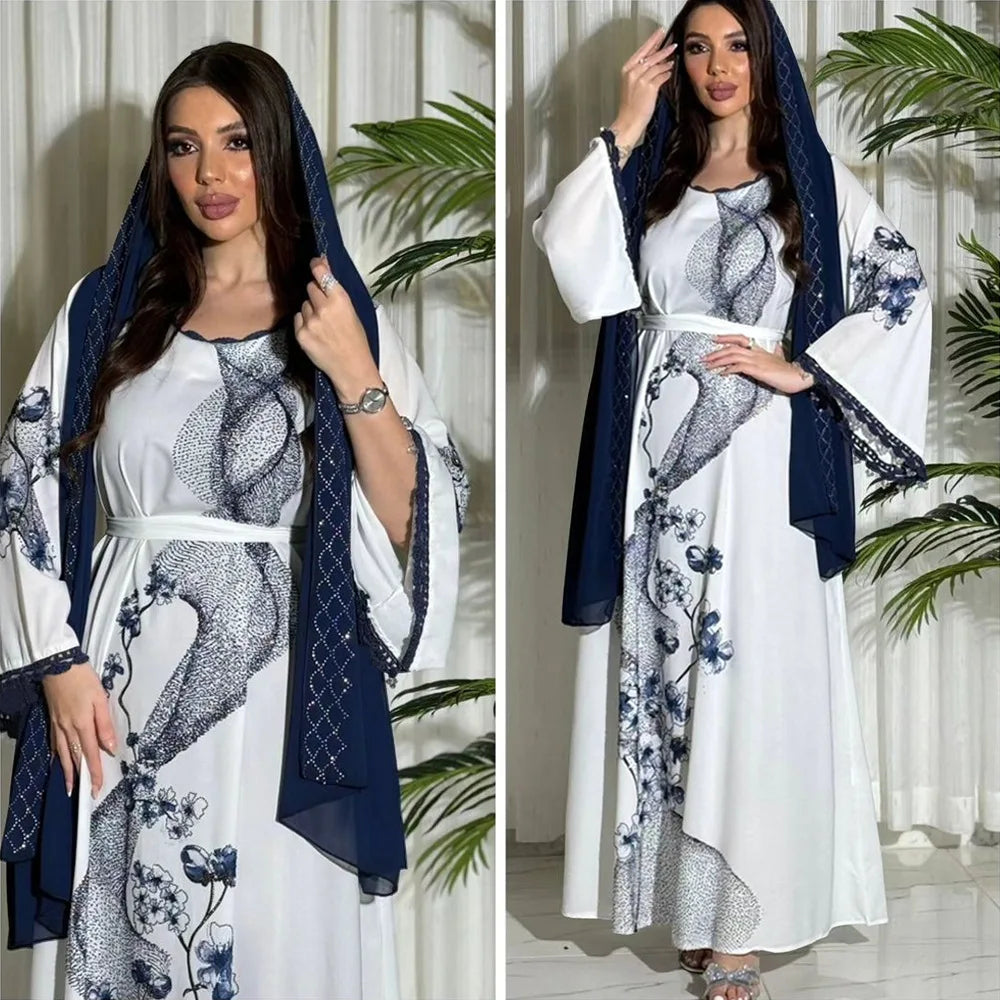 2pcs Set Flowers Printed Dress with Sash Belt Abaya Hijab Veil Fashion Diamonds Robe Muslim Lace Trimming Kaftan Women Long Gown