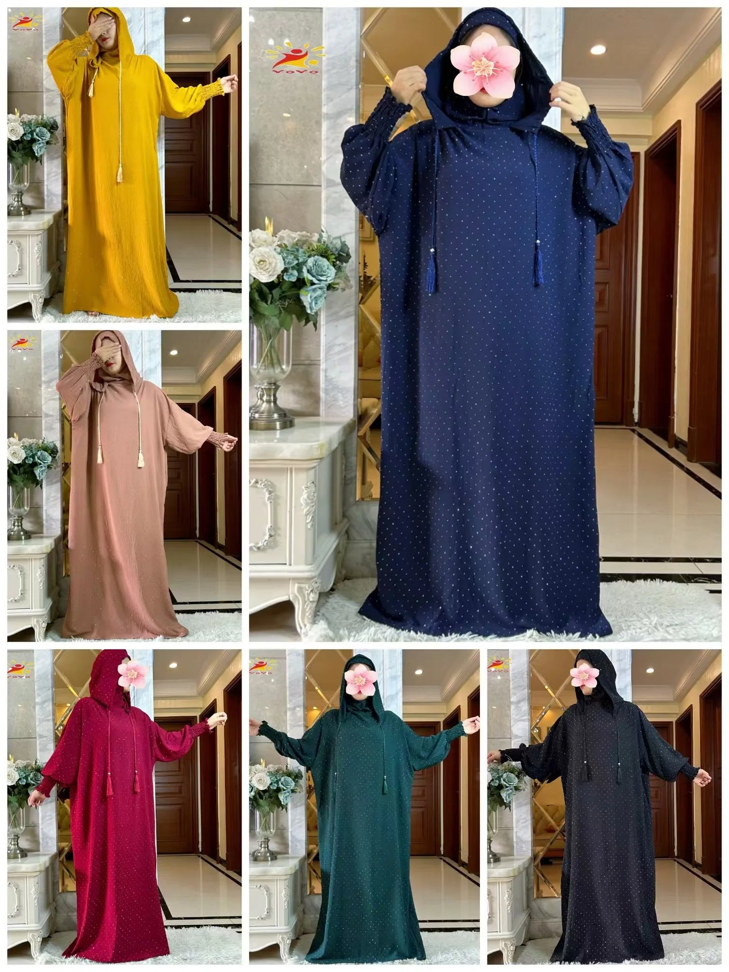 New Ramadan Muslim Double hat Solid Cotton Abaya Dubai Turkey Islam Prayer ClothesWith Stones Dress Islam Women Dress Kaftan