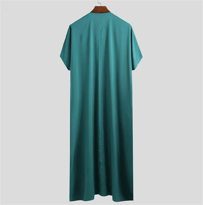 Islamic Arabic Kaftan for Men Vintage Solid Short Sleeve Loose Retro Robe Abaya Dubai Middle East Muslim Dress Men's Clothing