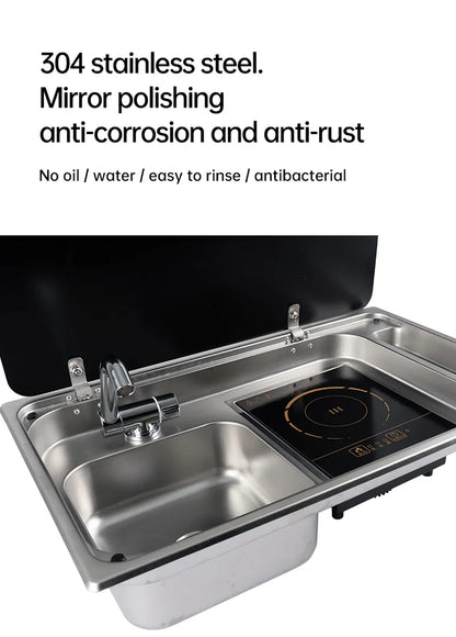 RV Stainless Steel Sink and Induction Cooker Combination Unit with Tempered Glass Lid for RV Caravan Motorhome Yacht