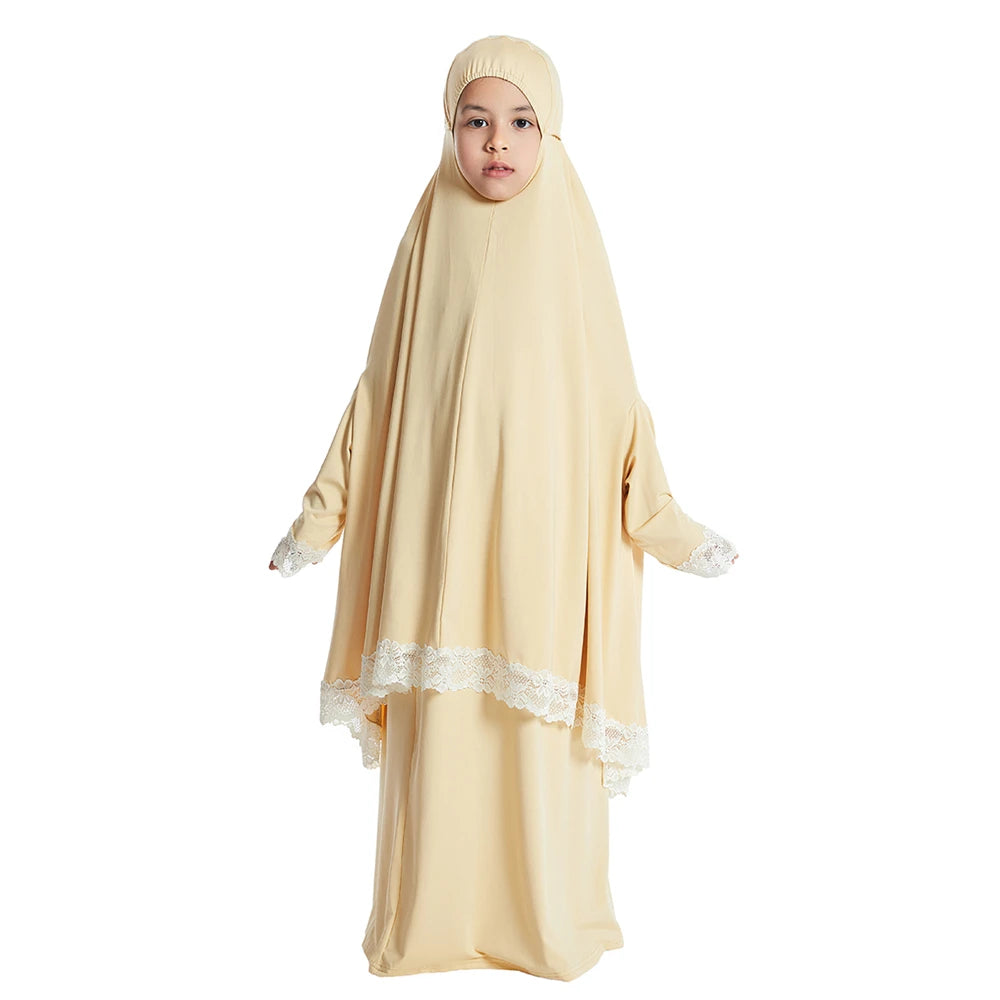 2 Piece Set Prayer Garment Lace Dress Muslim Kids Girls Abaya Gowns Overhead Hijab Long Khimar Ramadan Skirt Arab Clothes Niqab