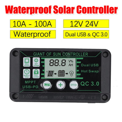 Waterproof MPPT Solar Charge Controller 10/20/30/40/50/80/90/100A 12V/24V Dual USB Auto Display Solar Panel Regulator Controller