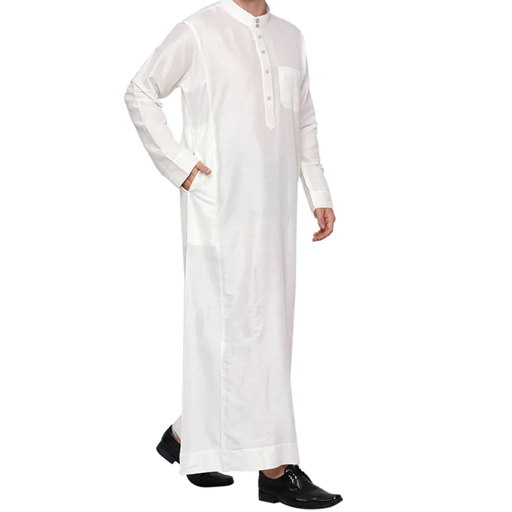 Polyester Muslim Men's Robes Qatar Stand Collar Robe Pocket Design Arab Middle Eastern Menswear Muslim Fashion  Arabic