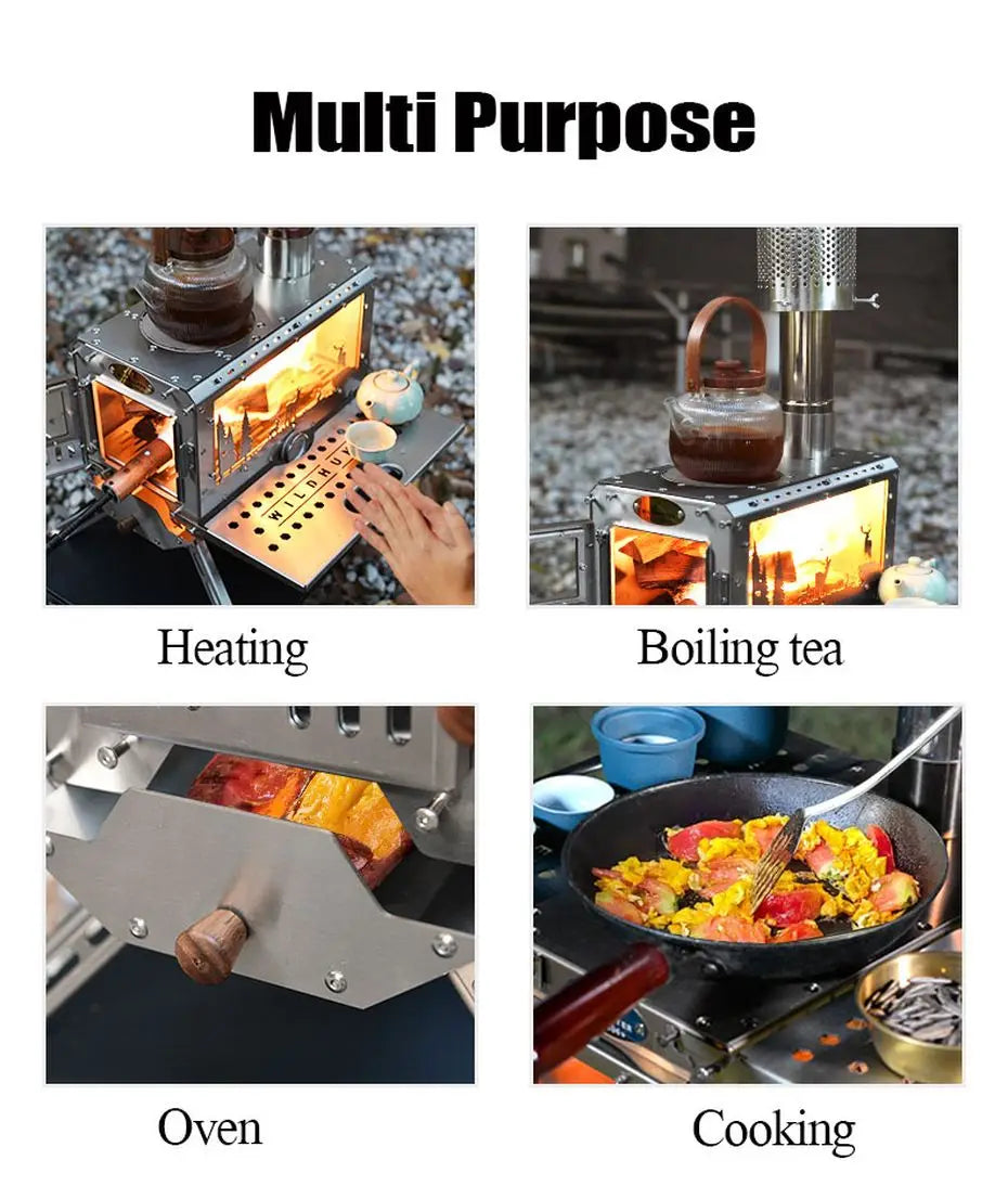 Camping Firewood Stove Outdoor Tent Heating Stove Picnic Cooking wood Stove with Chimney Furnace