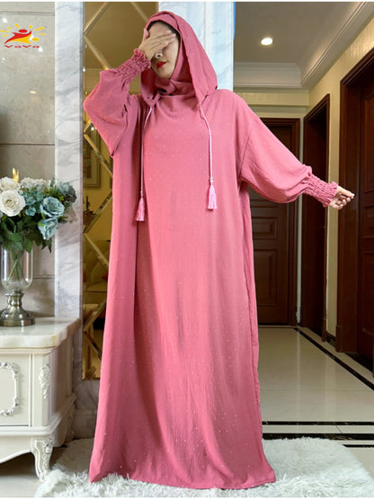 New Ramadan Muslim Double hat Solid Cotton Abaya Dubai Turkey Islam Prayer ClothesWith Stones Dress Islam Women Dress Kaftan