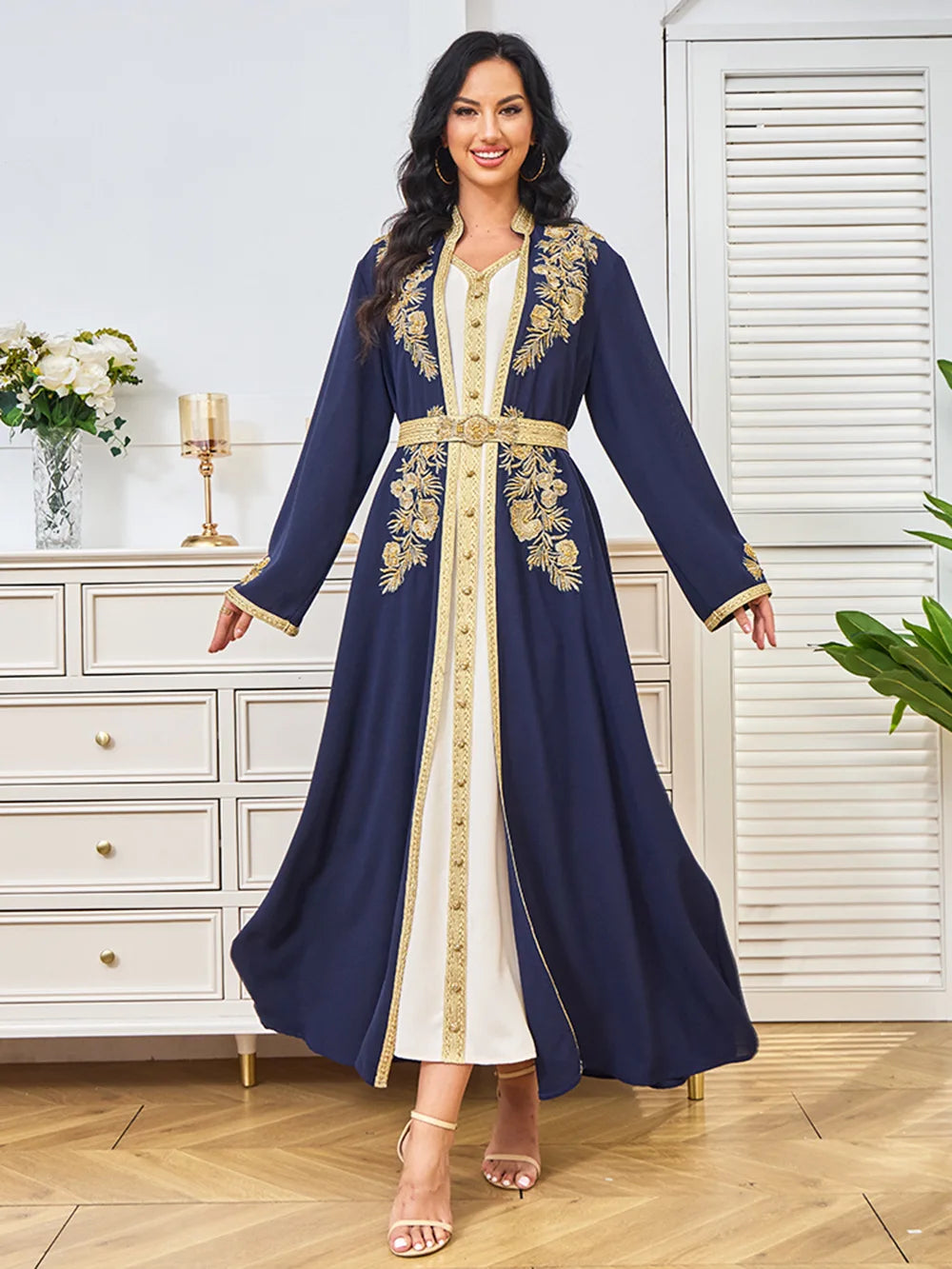 Traditional Algerian Kaftan for Women, Dubai Moroccan Arabic Dress Takchita 2 Piece Set with Belt, Party Turkish Caftan, Ramadan