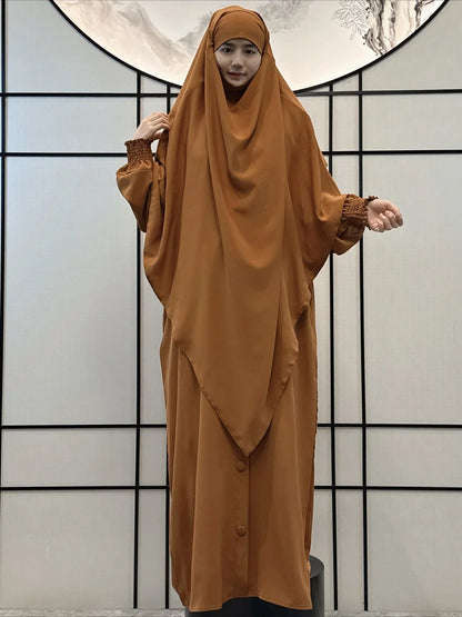 Muslim Women Prayer Dress with Khimar Hijab 2 Piece Set Eid Abaya Long Robe Headscarf Islamic Morocco Kaftan Vestidos Jalabiya