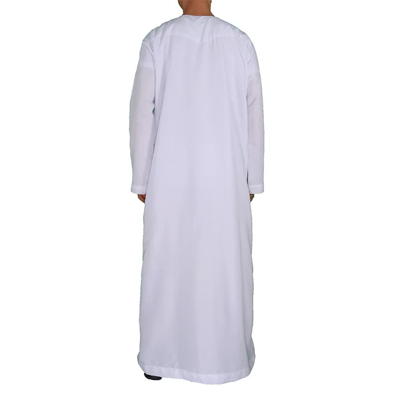 Muslim Men Clothing Galabia Islam Thobe Oman Robes Pocket Design Round Neck Saudi Arabia Qamis Man Solid Color Off-white Abaya