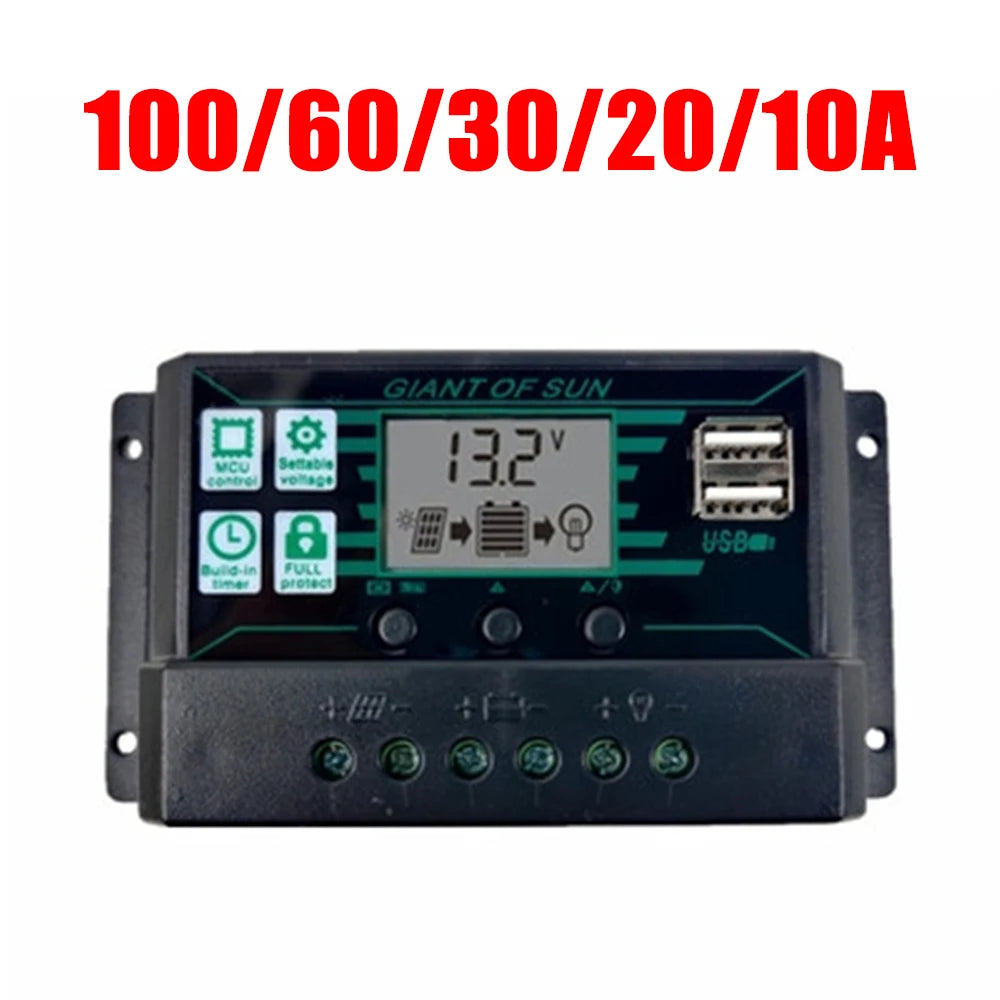 10A/20A/30A/50A/60A/100A/150A Solar Charge Controller LCD Display 2 USB Port 12V 24V Solar Panel Battery Regulator