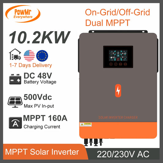 EU Stock 10.2KW 2MPPT Solar Power Inverter 48V 230V AC On/Off-Grid Built 160A MPPT Solar Charger Support Lifepo4 Pure Sine Wave