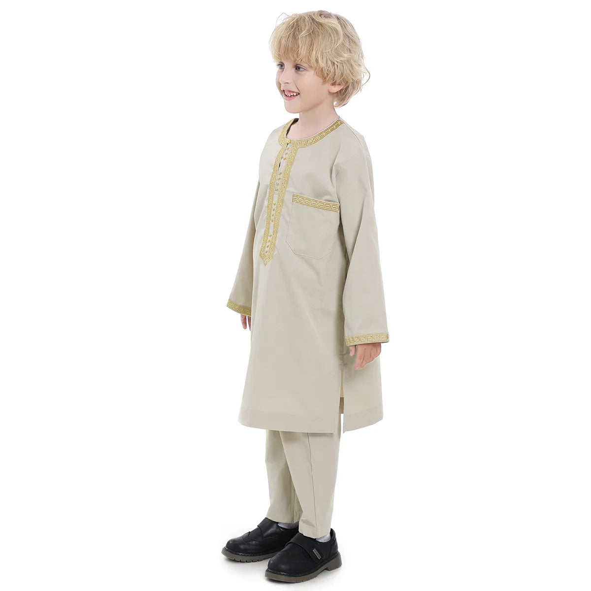 2025 Muslim Kids Jubba Thobe Arab Boy Thobe Children Abaya Ramadan Dress Pant Set 2 Piece Caftan Robe Kaftan Musulman Ensembles