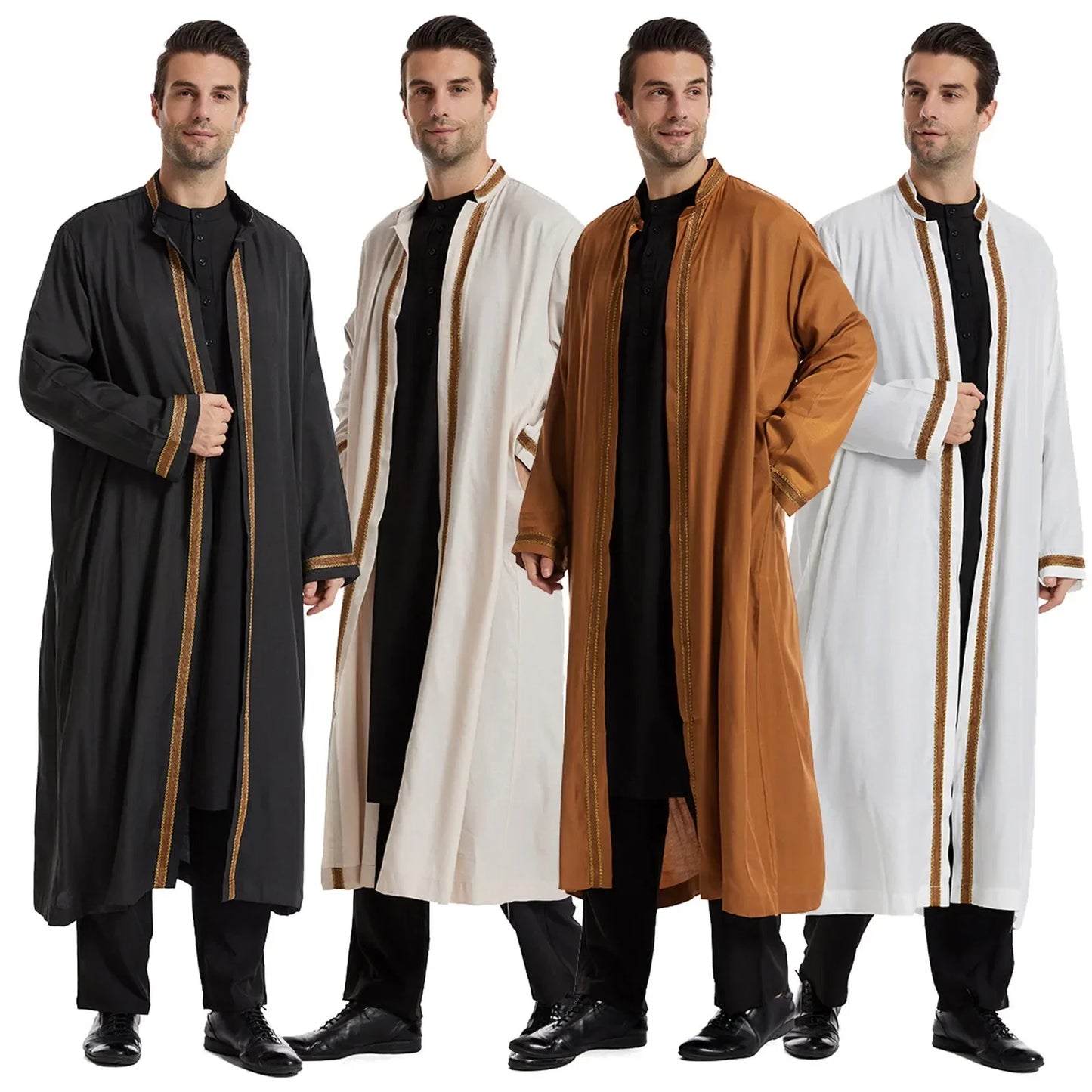 Men Open Abaya Muslim Saudi Jubba Thobe Islamic Clothing Ramadan Kimono Long Sleeve Robe Caftan Dubai Stand Collar Arabic Dress