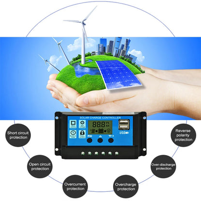 10A 20A 30A PWM Solar Charge Controller 12V/24V Solar Regulator USB 5V Panel Battery Regulator Intelligent LCD Display