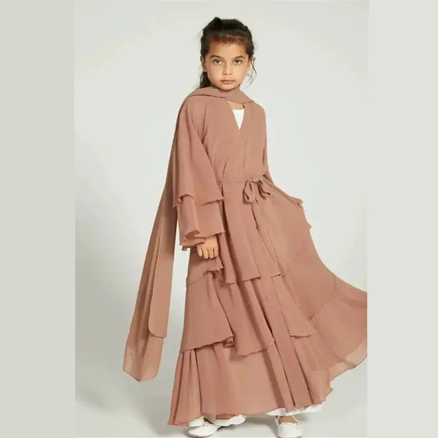 Chiffon Muslim Abaya Kids Open Abaya Girls Islamic Dresses Prayer Clothing for Children Long Robe Ramadan 2025 Clothes