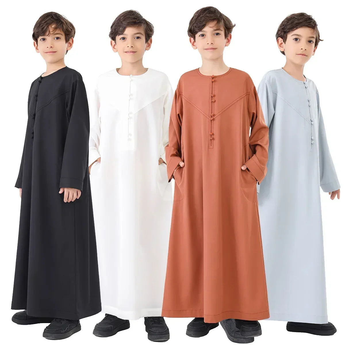 Ramadan Eid Muslim Solid Color Robe Islamic Arab Children Long Sleeve Dress Jubba Thobe Abaya Dubai Boys Clothing Turkey 2025