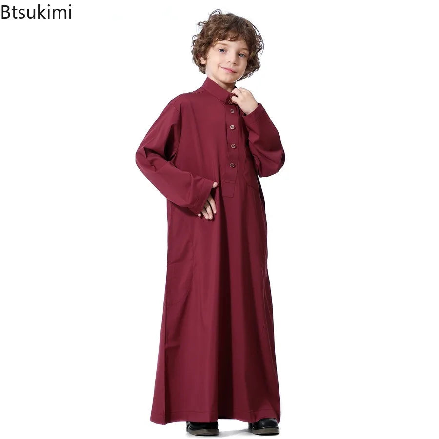 Boys Islamic Clothing Kids Muslim Jubba Thobe Solid Long Sleeve Stand Collar Kaftan Robes Arab Dubai Children Casual Abaya Dress