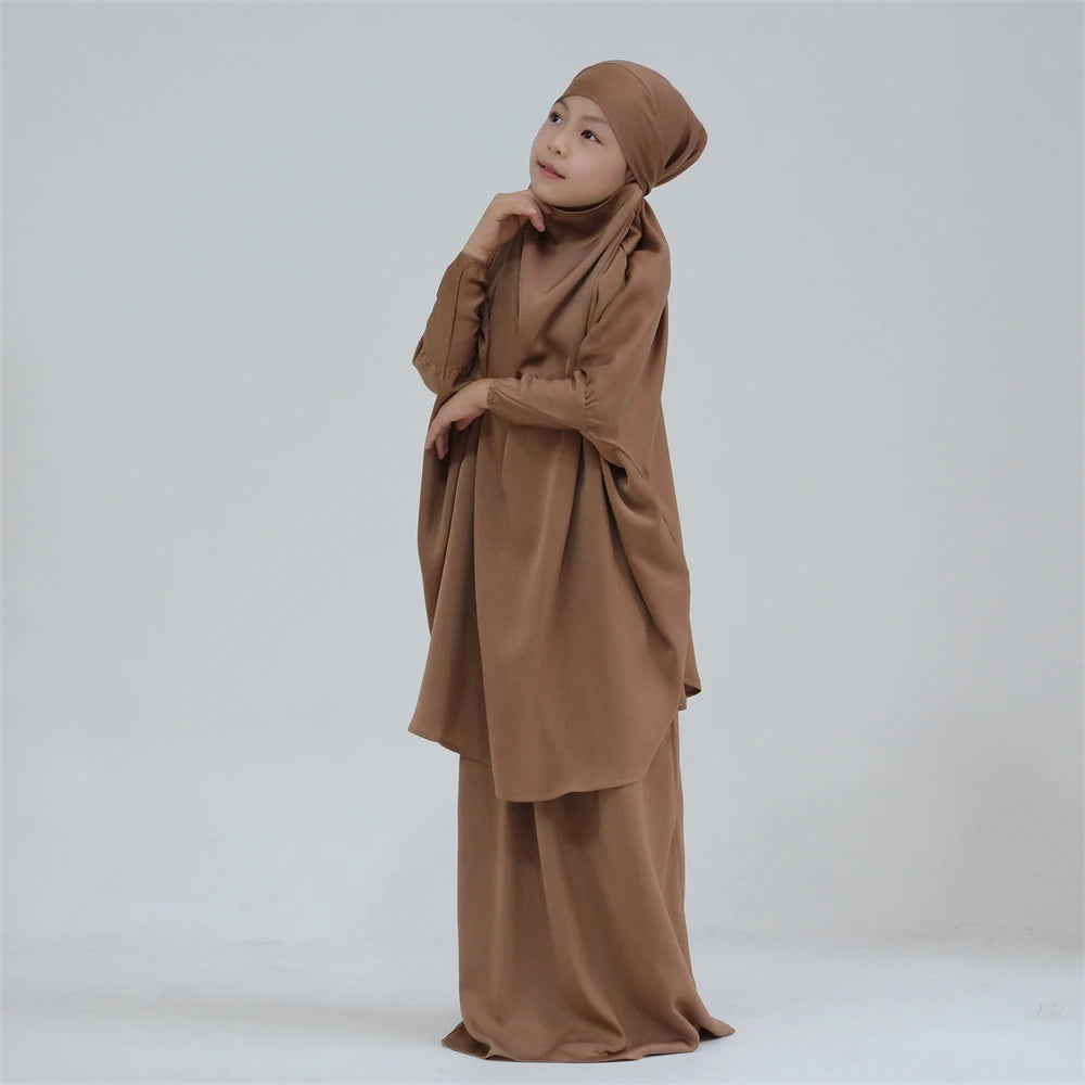 Gowns for Kids Girls Islamic Clothing 2 Piece Sets Dubai Muslim Outfits Overhead Hijabs Abaya Khimar Skirt Ramadan Eid Dresses