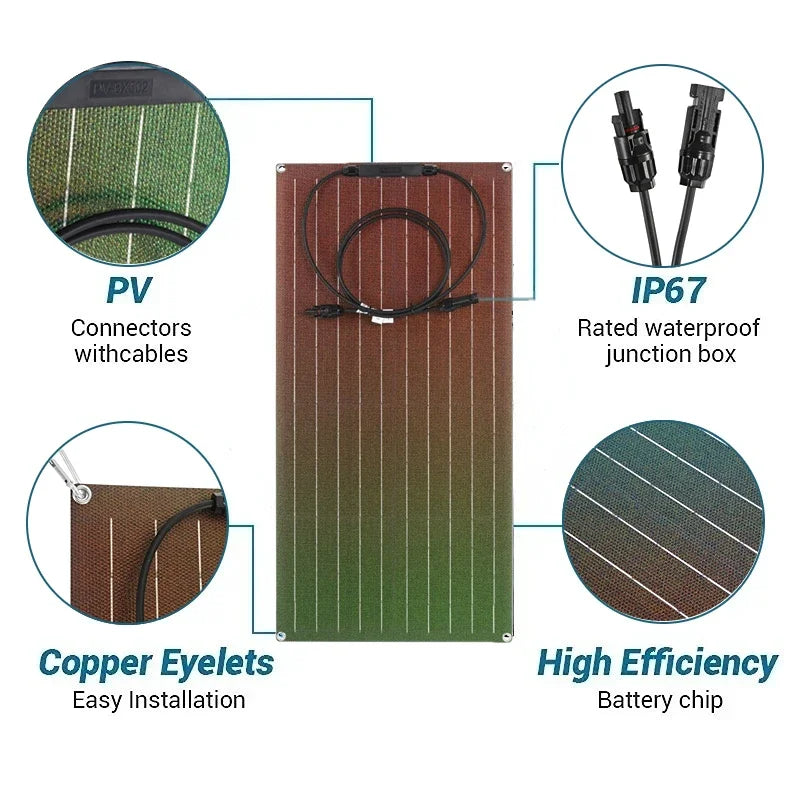 Flexible Solar Panel Kit 300 Watt PV Module 600 Watt 12V/24V Solar Cable Cell for Home Outdoor Car Boat Battery Camping Trip