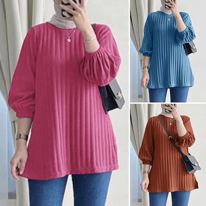 ZANZEA Women Muslim Hijab 3/4 Sleeve Ribbed Blouses Fall 2024 Tops Elegant Daily Shirt Casual Loose T-shirts Islamic Clothing