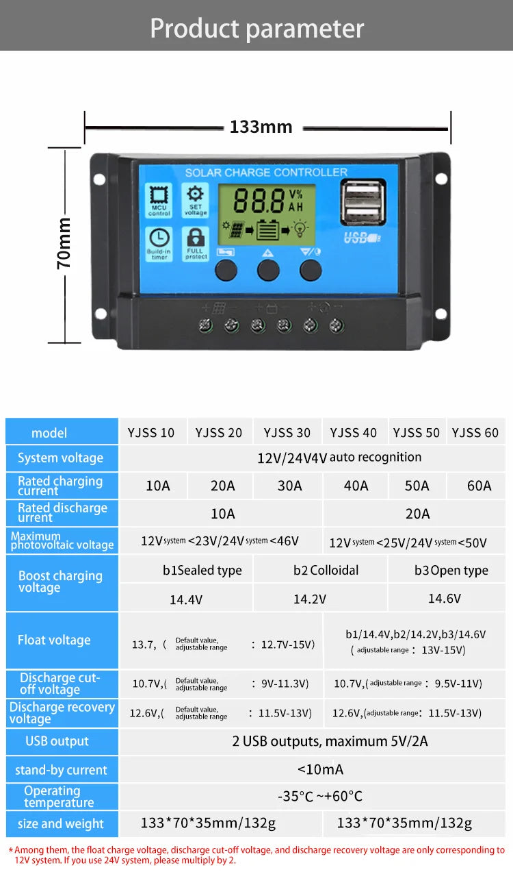 10A 20A 30A 40A 50A 60A Solar Charge Controller 12V 24V Auto PWM 5V Output Regulator PV Home Battery Charger LCD Dual USB