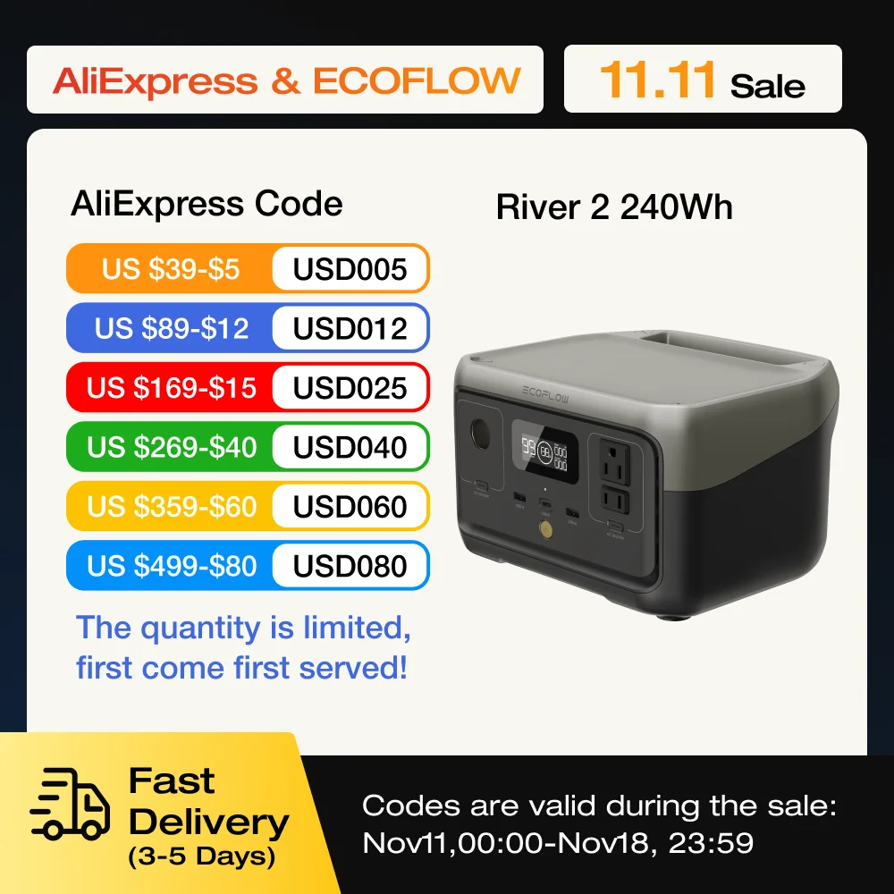 ECOFLOW Portable Power Station RIVER 2, 240Wh LiFePO4 Battery/ 1 Hour Fast Charging, 2 Up to 600W AC Outlets, Solar Generator