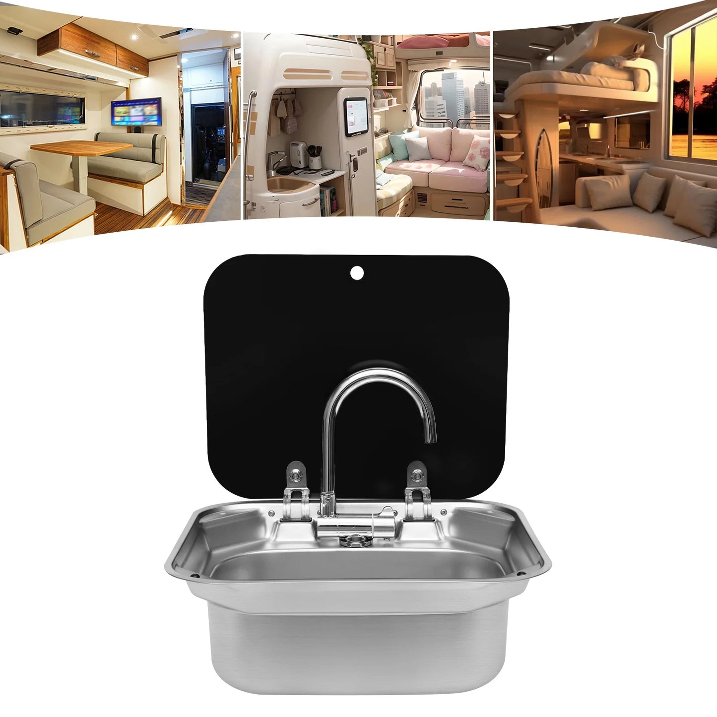 Steel Hand Wash Basin Sink with tap with Folded Faucet Tempered Glass Lid van Camper Trailer Accessories for RV Caravan or Boat